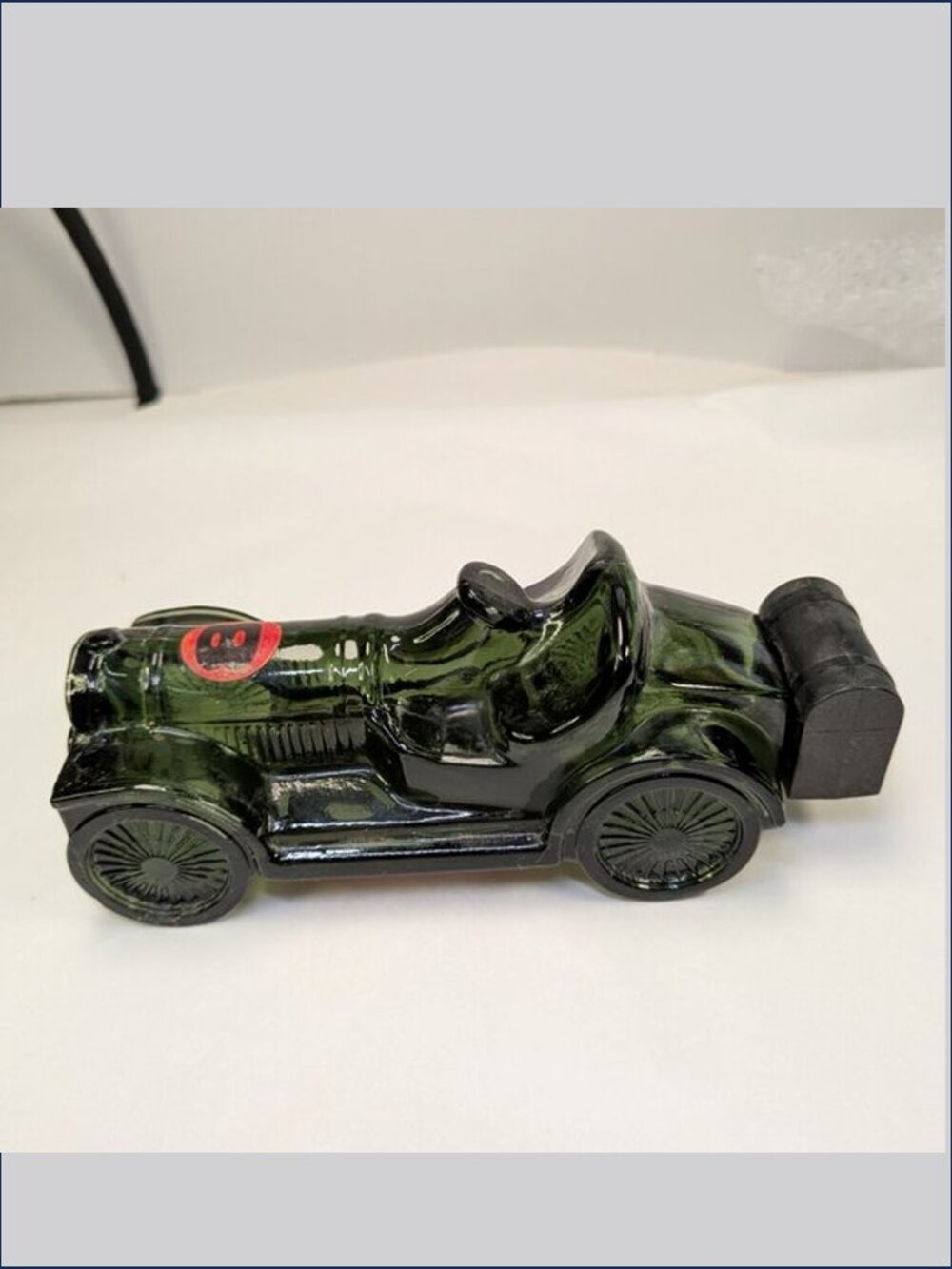 Vintage Avon Straight Eight Green Glass Race Car Bottle Decanter EMPTY 5oz